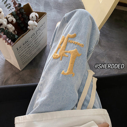 Men Jeans Fall Washable Pants Straight Loose-Fitting Wide-Leg Trousers