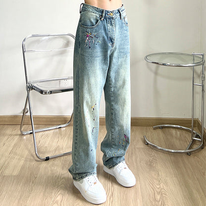 Men Jeans Embroidered Washed Loose Straight Jeans Casual Hip Hop Trousers