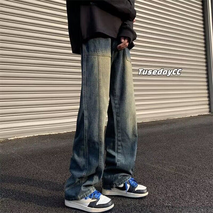 Men Jeans Retro Washed Spring Straight-Leg Pants