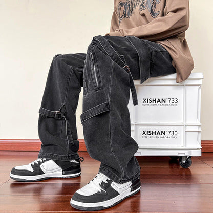 Men Jeans Lace-up Jeans Men's Straight Slim-Fit Zipper Overalls