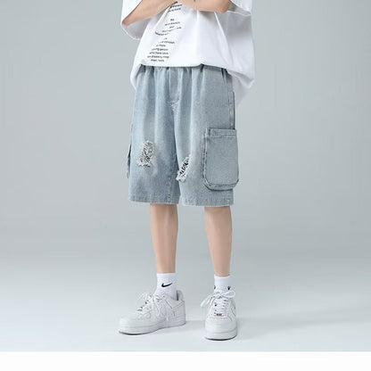 Men Jeans Ripped Workwear Pants Men's Summer Retro Denim Shorts