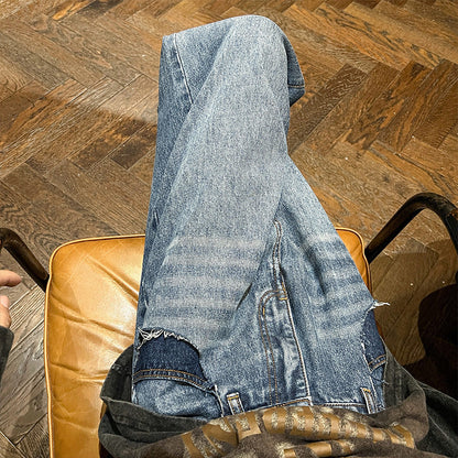 Men Jeans Fall Casual Wide-Leg Trousers Washed-out Vintage Straight-Leg Pants