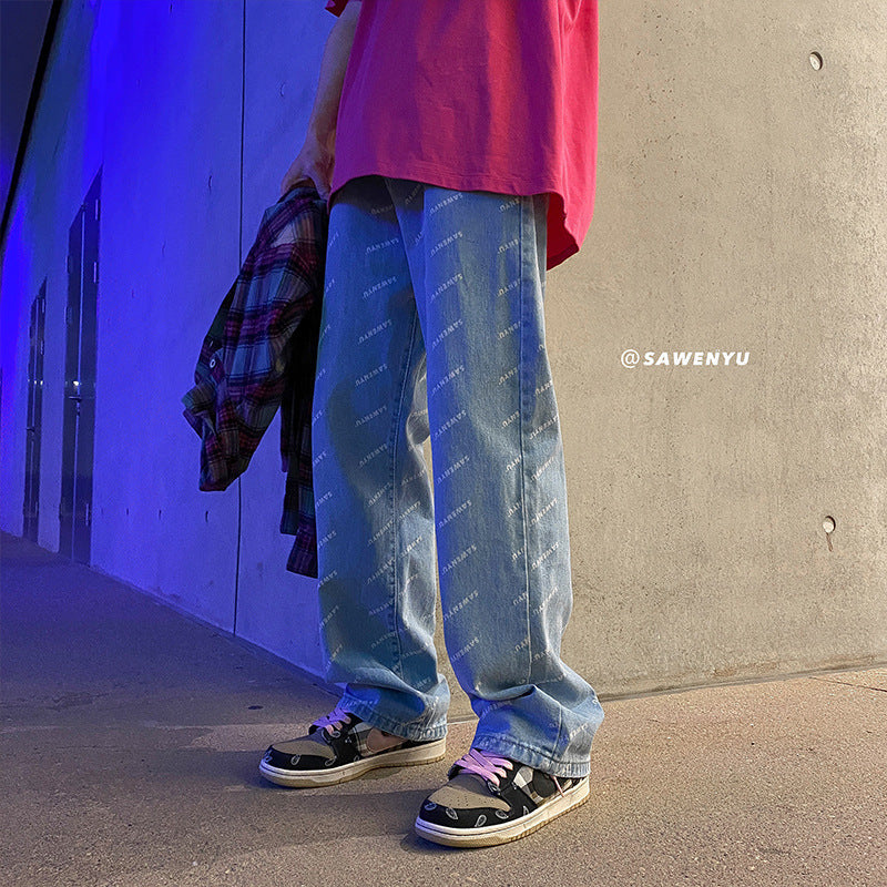 Men Jeans Straight-Leg Denim Trousers Men's Loose Summer Wide-Leg Pants
