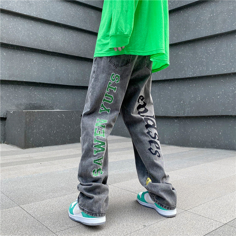 Men Jeans Embroidered Jeans Straight Oldschool Trousers