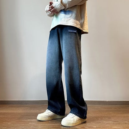 Men Jeans Vintage Labeling Gradient Jeans Wide Leg Pants