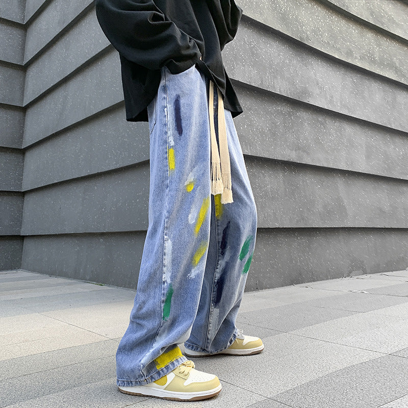 Men Jeans Graffiti Jeans Spring Straight-Leg Pants Loose-Fitting Wide-Leg Trousers