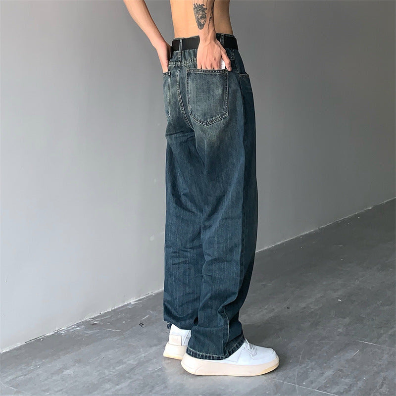 Men Jeans Retro Wide-Leg Pants Casual Straight-Leg Washed Jeans