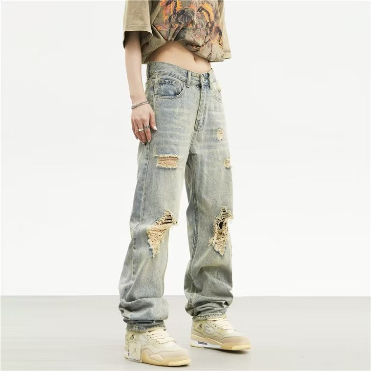 Men Jeans Retro Tattered Jeans Jeans Straight Loose Pants