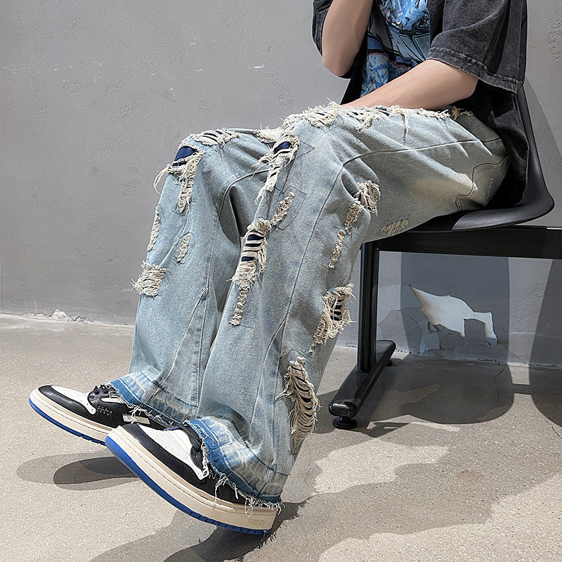 Men Jeans Ripped Jeans Men's Summer Straight-Leg Pants Loose Wide Leg Pants