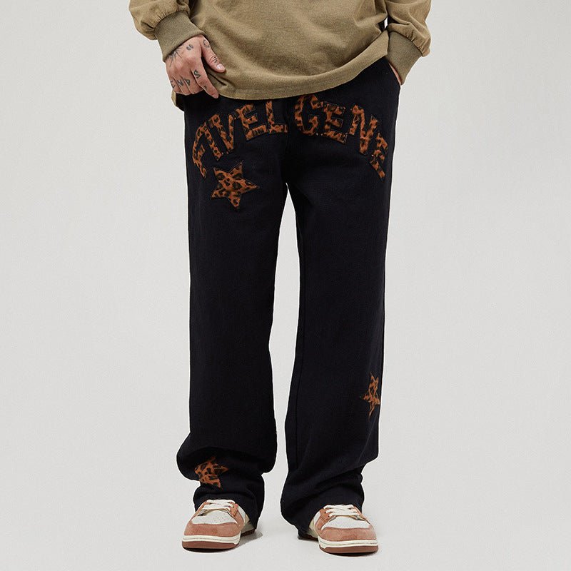 Men Jeans Leopard Print Letter XINGX Embroidery Casual Working Pants Straight-Leg Trousers