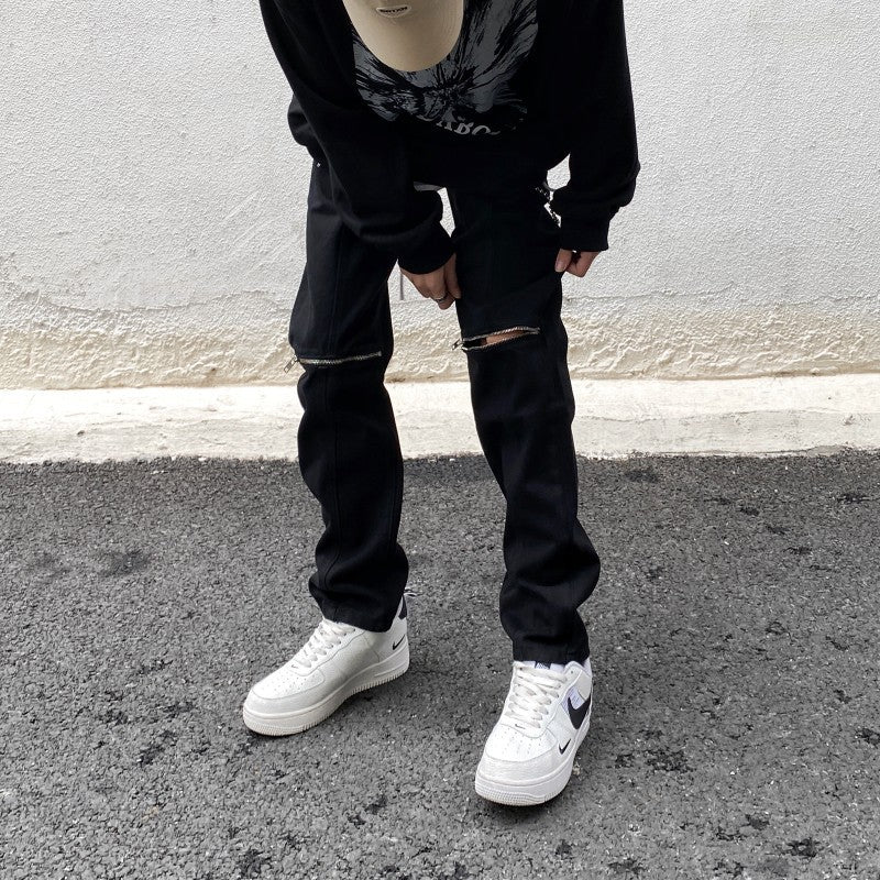 Men Jeans Vintage Black Knee Ripped Zipper Jeans