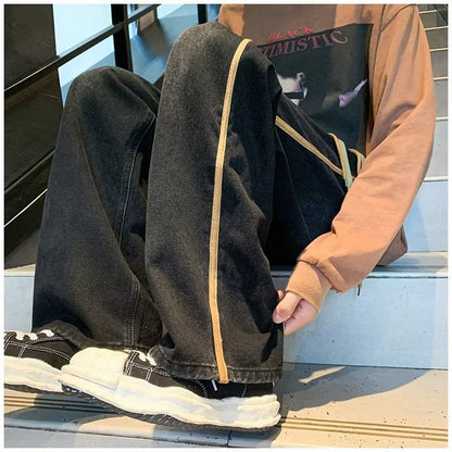 Men Jeans Retro Washed Jeans Men's Spring and Autumn Loose Wide-Leg Straight Trousers