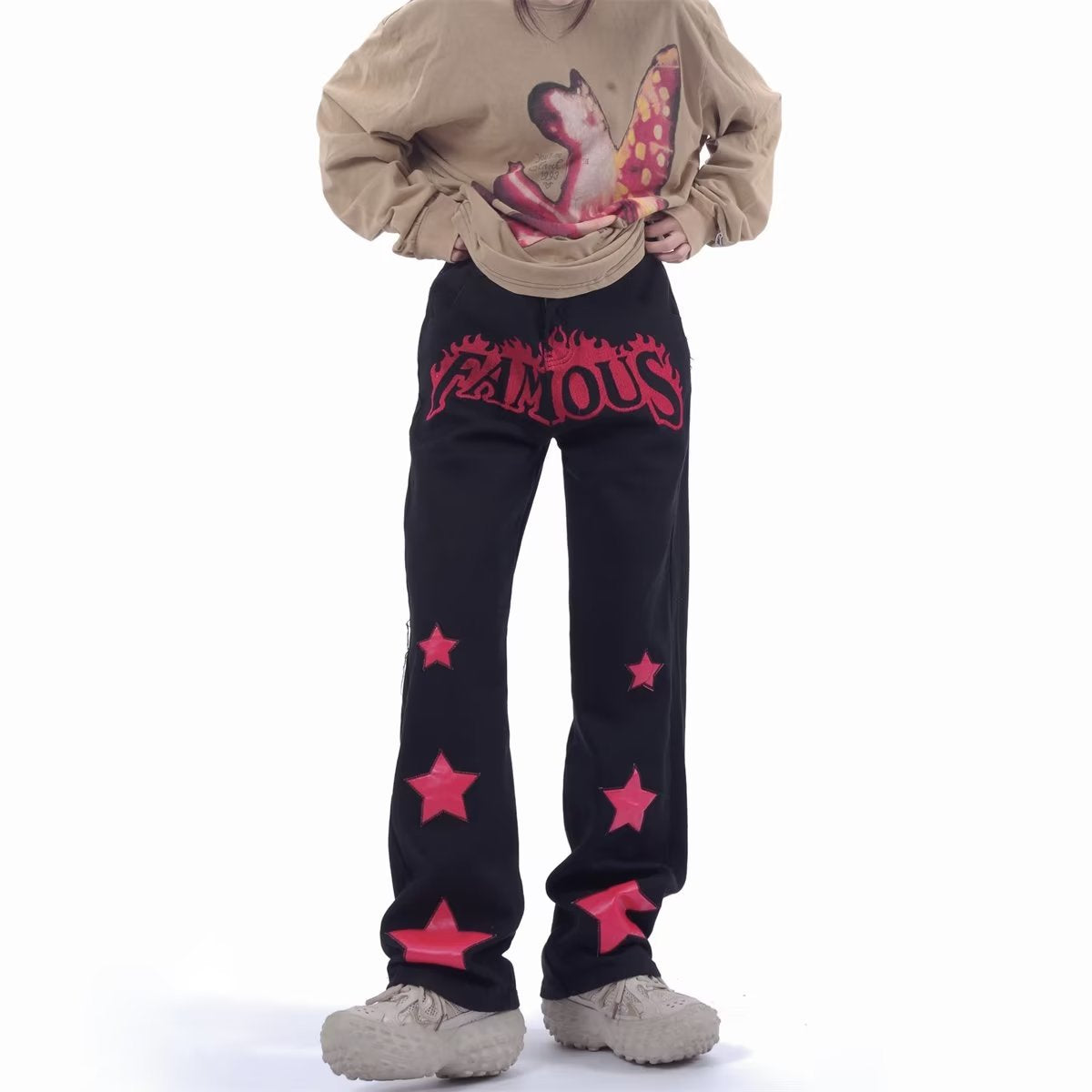 Men Jeans XINGX Paste Cloth Embroidery Jeans Retro Hip Hop Straight Loose Trousers