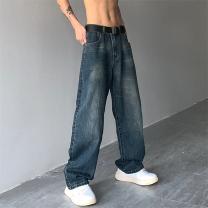 Men Jeans Retro Wide-Leg Pants Casual Straight-Leg Washed Jeans