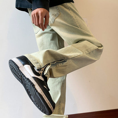 Men Jeans Zipper Dyed Jeans Men's Split Washed Straight Bootcut Trousers