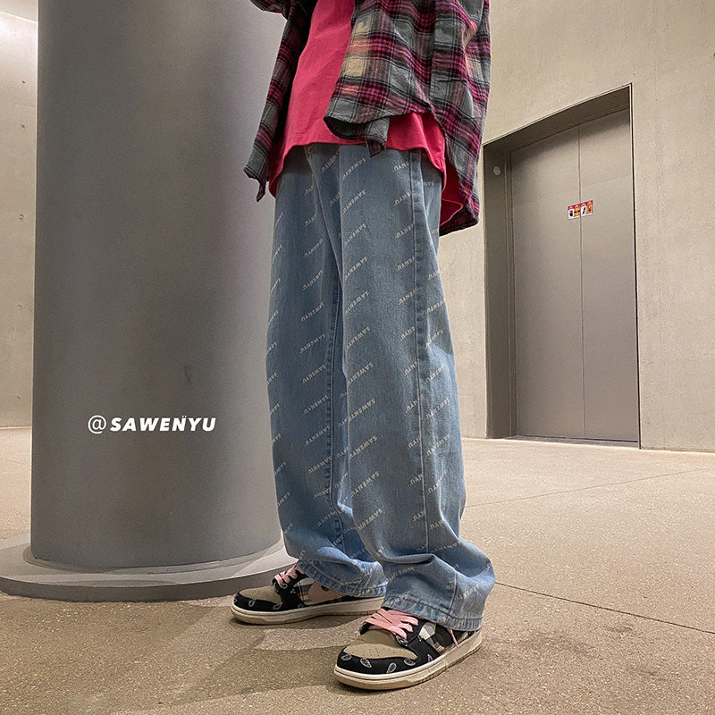 Men Jeans Straight-Leg Denim Trousers Men's Loose Summer Wide-Leg Pants