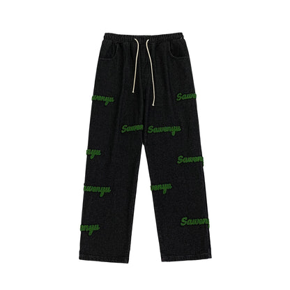 Men Jeans Flocking Embroidered Jeans Men's Spring and Autumn Loose Straight-Leg Wide-Leg Pants