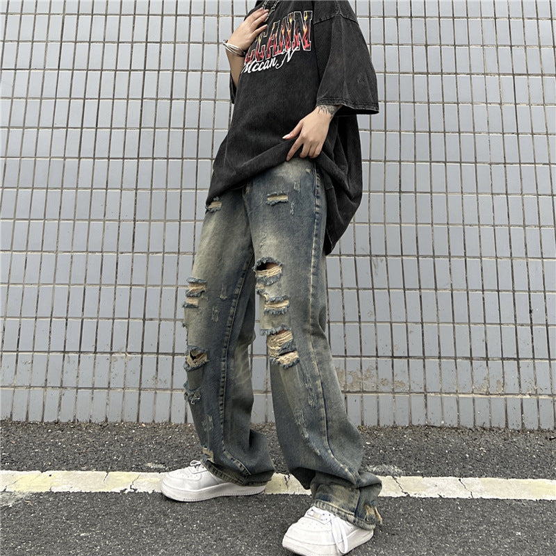 Men Jeans Retro Washed Distressed Ripped Jeans