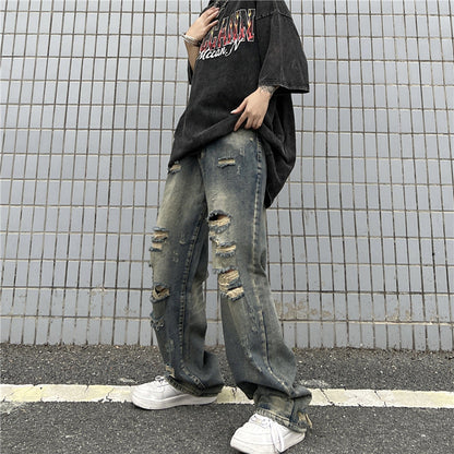 Men Jeans Retro Washed Distressed Ripped Jeans