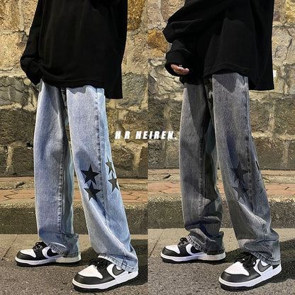Men Jeans Five-Pointed Star Gray Jeans Men's Loose Straight Wide-Leg Pants Spring and Autumn