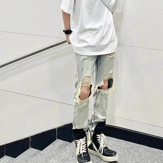 Men Jeans Ripped Jeans Men's Summer Vintage Distressed Loose Casual Wide-Leg Trousers
