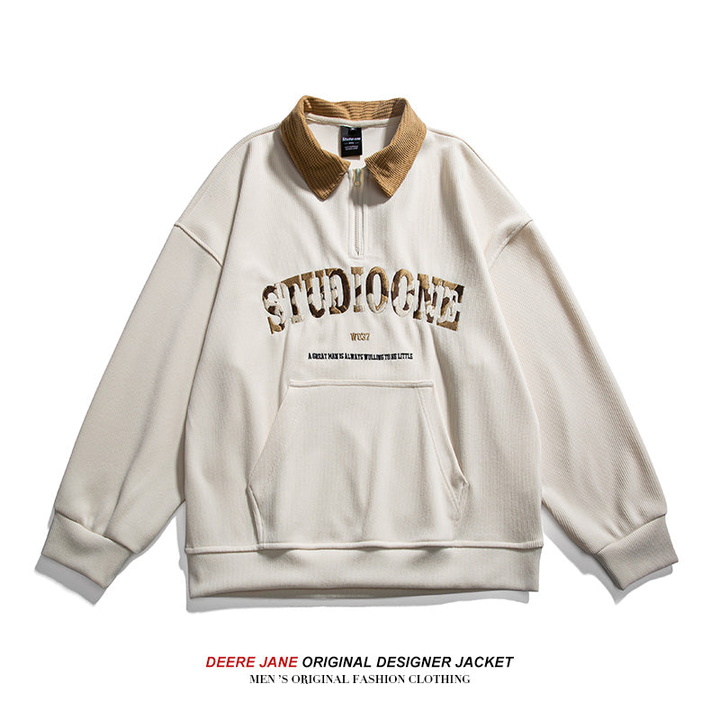 Men Pullover Hoodie Spring Long Sleeve Polo Shirt Men's American Retro Loose Trendy Sweater