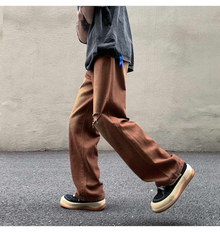 Men Jeans Vintage Brown Jeans Summer Straight Ripped Trousers