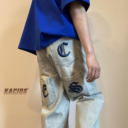 Men Jeans Vintage Embroidered Jeans Men's Autumn Loose Straight Cargo Pants