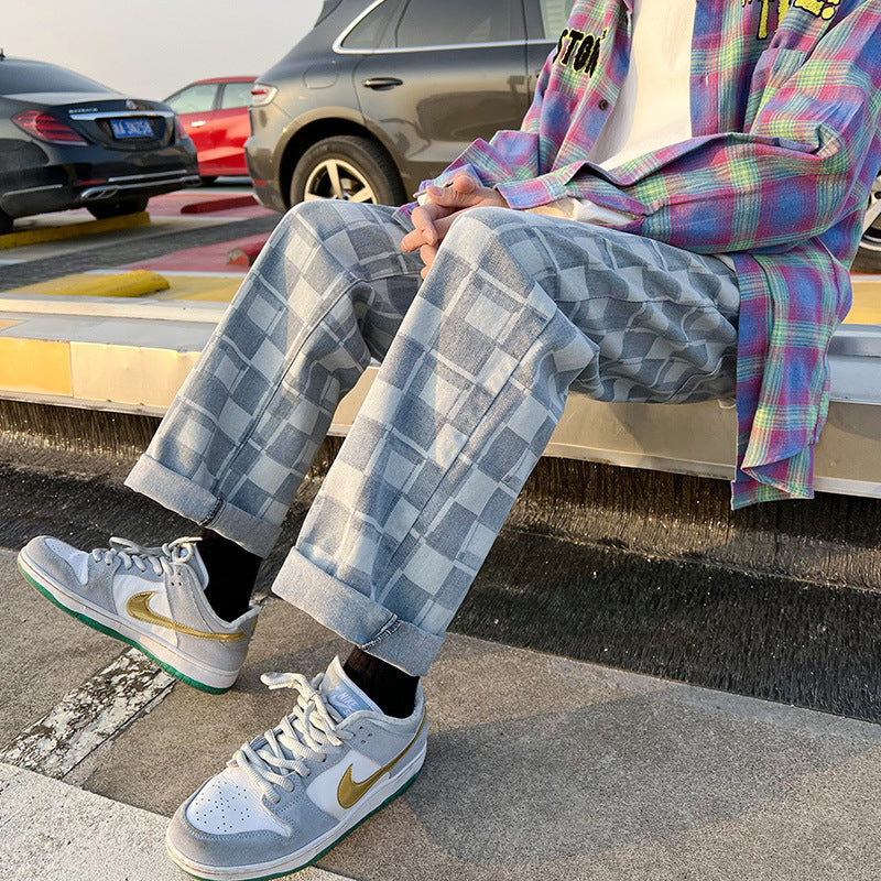 Men Jeans Chessboard Plaid Jeans Baggy Straight Trousers Wide Leg Pants
