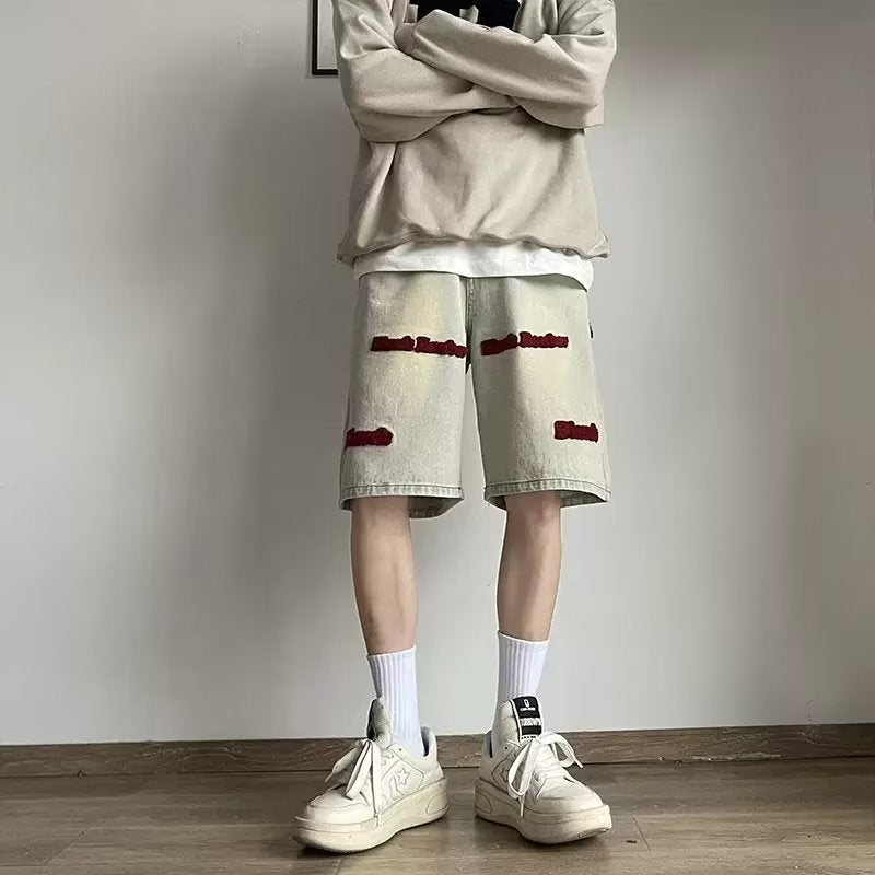 Men Jeans Embroidered Denim Shorts Summer Washed Shorts