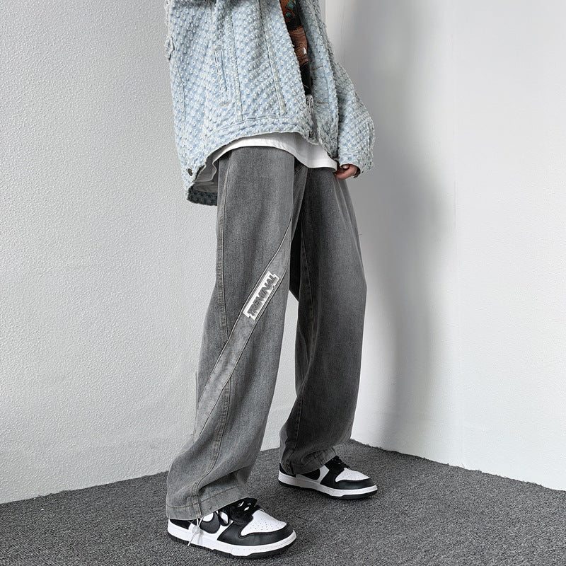Men Jeans Washed Jeans Men's Casual Trousers Straight Loose Wide Leg Pants