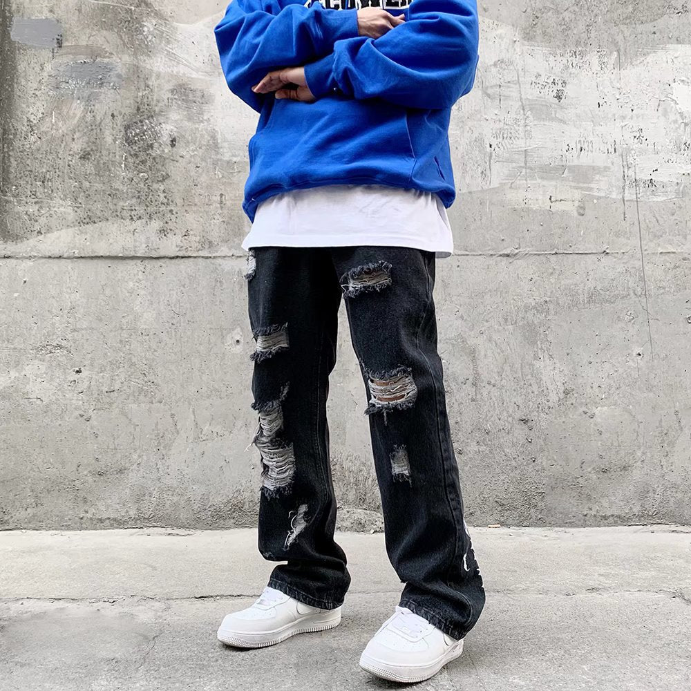 Men Jeans Embroidered Jeans Hip Hop Ripped Loose Trousers