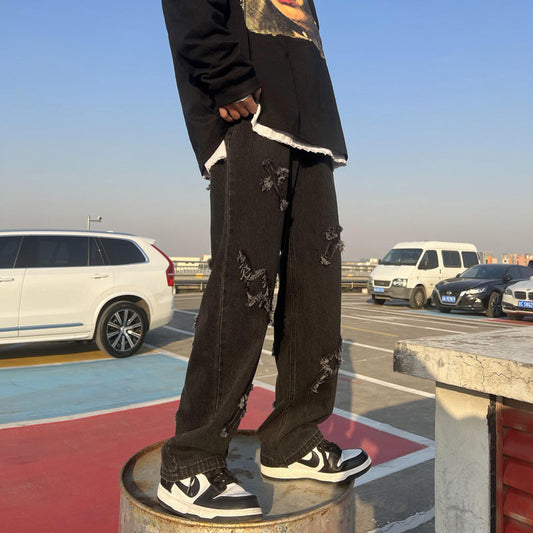 Men Jeans Spring Straight-Leg Pants Hip Hop Wide Leg Trousers