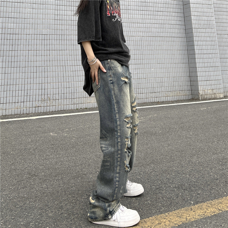 Men Jeans Retro Washed Distressed Ripped Jeans