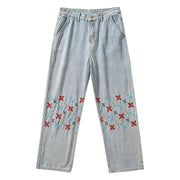 Men Jeans Embroidered Jeans Baggy Straight Trousers