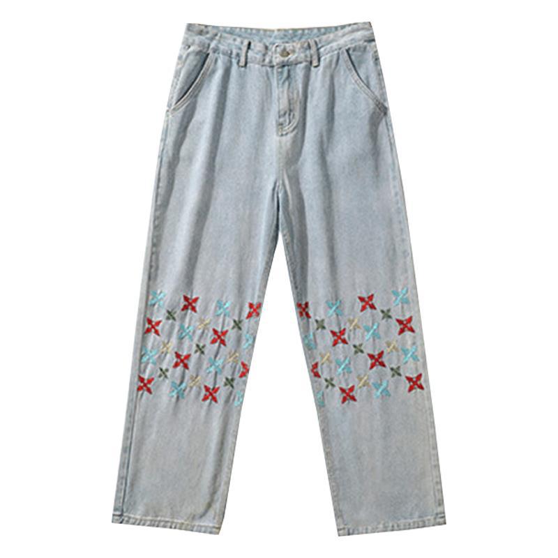 Men Jeans Embroidered Jeans Baggy Straight Trousers
