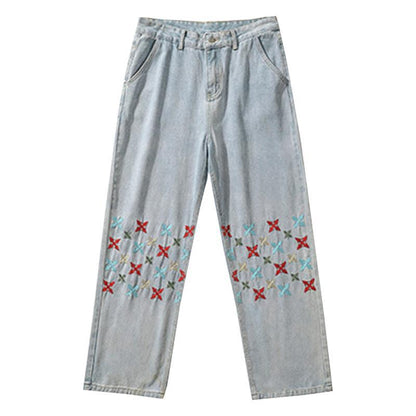 Men Jeans Embroidered Jeans Baggy Straight Trousers
