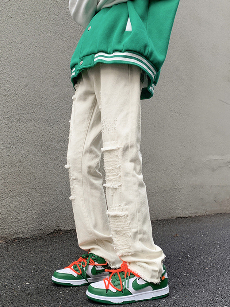 Men Jeans Ripped White Jeans Straight Slim-Fit Pants