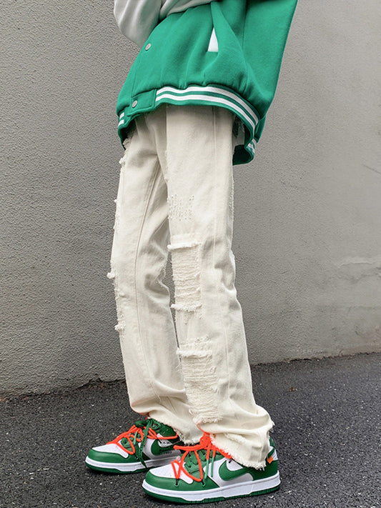 Men Jeans Ripped White Jeans Straight Slim-Fit Pants