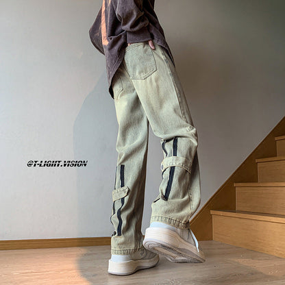 Men Jeans Zipper Jeans Men's Spring Retro Loose Wide Leg Straight Casual Trousers