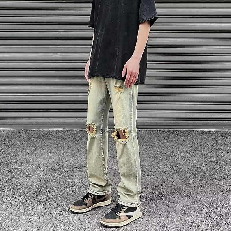 Men Jeans Summer Ripped Slim-Fitting Straight Pants Casual Pants