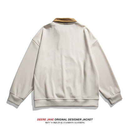 Men Pullover Hoodie Spring Long Sleeve Polo Shirt Men's American Retro Loose Trendy Sweater