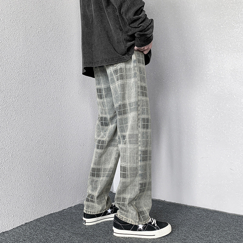 Men Jeans Autumn Plaid Worn Jeans Wide Leg Pants Loose Straight Trousers