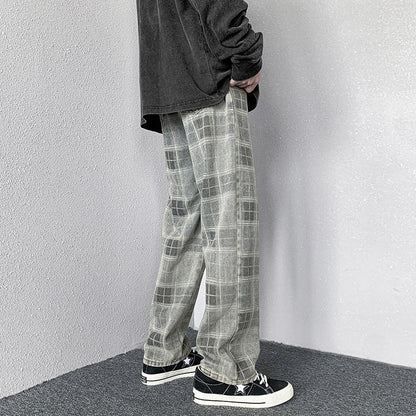 Men Jeans Autumn Plaid Worn Jeans Wide Leg Pants Loose Straight Trousers