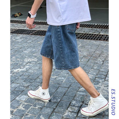 Men Jeans Retro Summer Denim Shorts Loose Straight Shorts