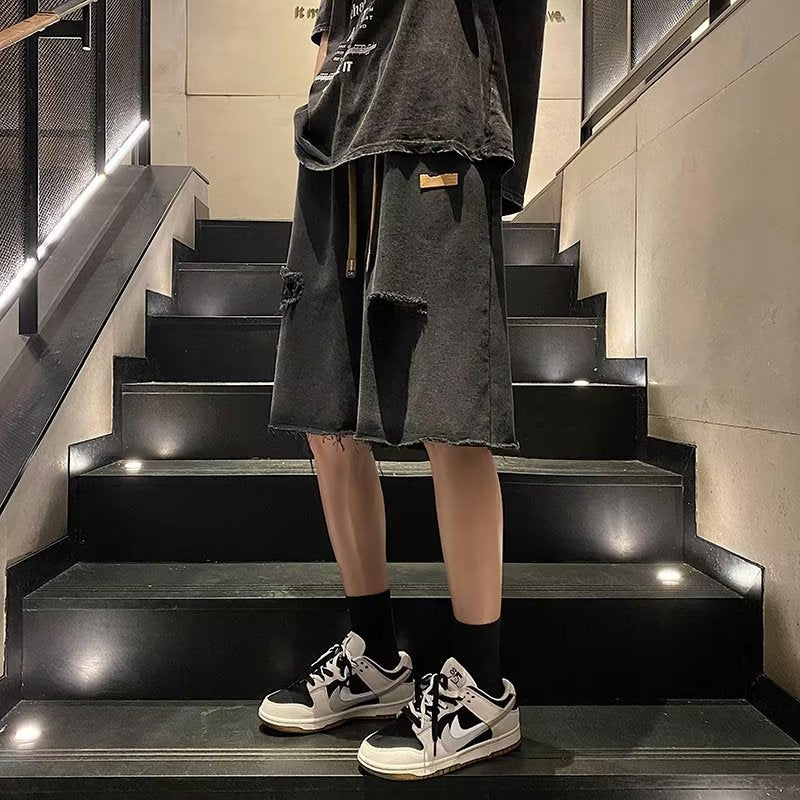 Men Jeans Ripped Denim Shorts Men's Summer Loose Straight Casual Pants