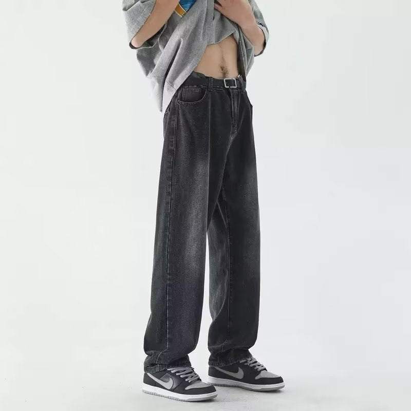 Men Jeans Summer Washed Old Straight Loose-Fitting Wide-Leg Trousers