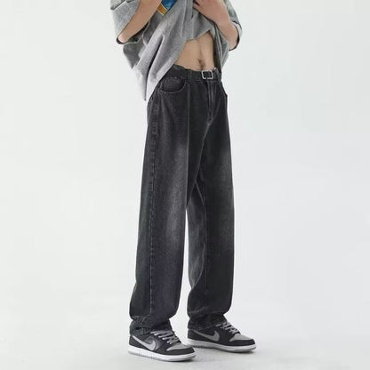 Men Jeans Summer Washed Old Straight Loose-Fitting Wide-Leg Trousers