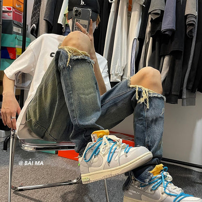 Men Jeans Retro Washed Make Old Ripped Jeans Zipper Trousers