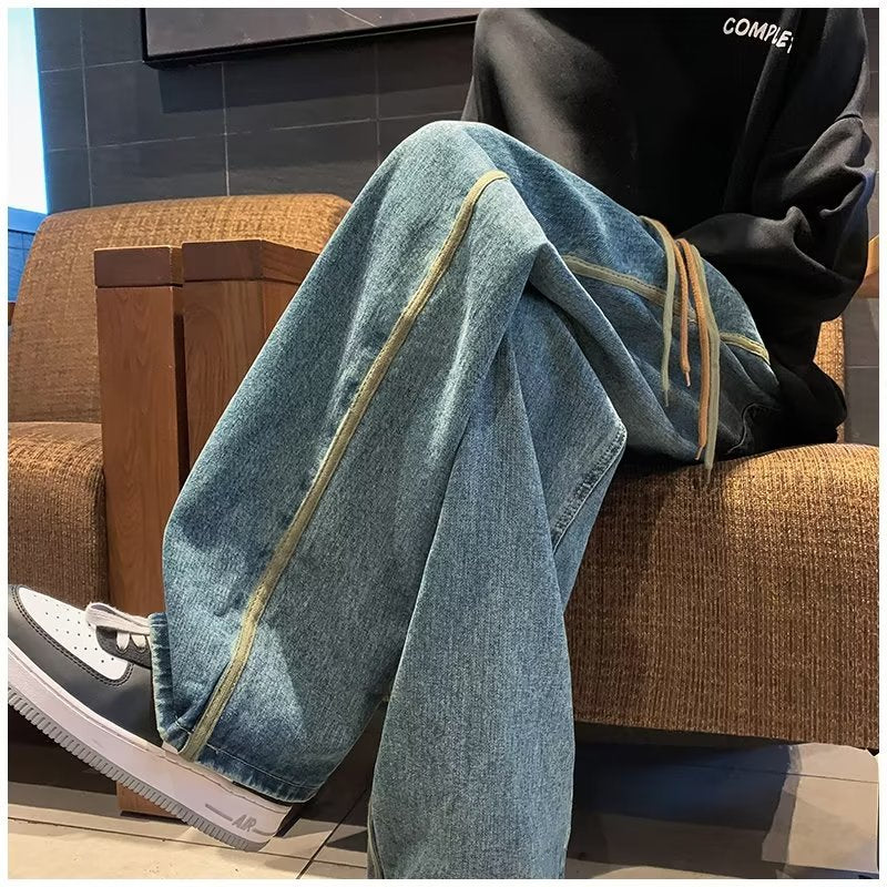 Men Jeans Retro Washed Jeans Men's Spring and Autumn Loose Wide-Leg Straight Trousers